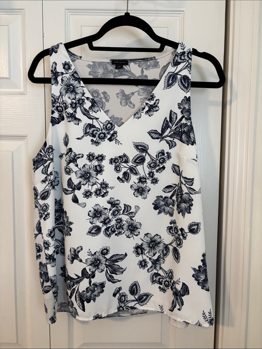 Ann Taylor White Tank Top with Navy Floral Print